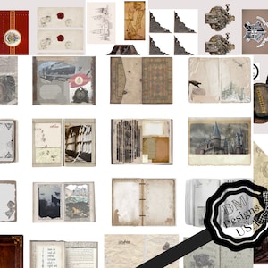 May include: A collage of vintage-style scrapbook elements, including aged paper, illustrations, and book pages. The images feature a Harry Potter theme, with Hogwarts castle, train, and other related designs. The color palette is primarily sepia tones and parchment.