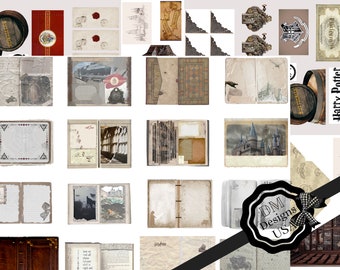 May include: A digital collage of vintage-style images related to the Harry Potter universe. The images include a Hogwarts castle, a train, a book, a barrel, and a letter. The images are in various shades of brown, white, and black.