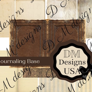 Könnte beinhalten: Ein digitales Collage-Blatt mit einem Vintage-Buchcover-Design. Das Blatt enthält verschiedene Texturen und Muster, darunter liniertes Papier, gestreiftes Papier und ein braunes Buchcover mit goldener Umrandung. Der Text "Journaling Base" und "DM Designs USA" ist auf dem Blatt sichtbar.