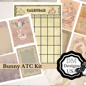 3 Pg Bunny atc Kalenderseiten mauve grün Vintage Ephemera Set Tickets Tags Journaling Karten Junk Journal printable floral Hasen Ostern