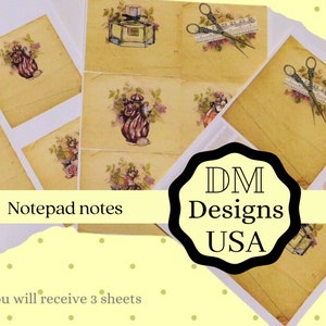 May include: Vintage-inspired notepad sheets with floral designs and perfume bottle illustrations. The sheets are white with a light brown border and have a distressed look. The text "Notepad notes" is printed on a yellow banner. The text "You will receive 3 sheets" is printed below the banner. The image also includes a black and white logo that says "DM Designs USA".