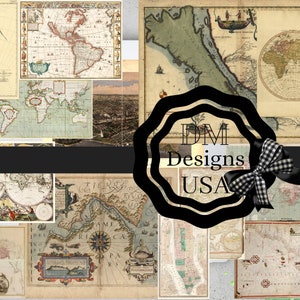 Junk Journal Printable Vintage Map Papers, Vintage Paper Journal Pages, Journal Supplies, Digital Scrapbooking, cards, card supplies