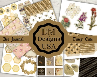 Bee Junk Journal Kit: Vintage Ephemera, Fussy Cuts (Digital Download)