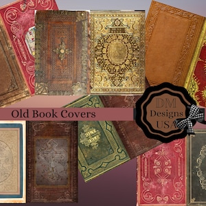 May include: A collage of ten old book covers with various designs and colors. The covers are made of leather, fabric, and paper. Some of the covers have gold or silver embellishments. The covers are all in various states of wear and tear, giving them a vintage look. The text "Old Book Covers" is displayed in the center of the image.