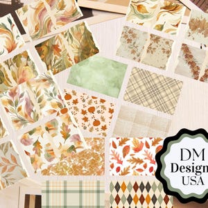 May include: A collection of rectangular paper sheets featuring various autumn-themed patterns including watercolor leaves, pumpkins, plaid, and argyle prints in shades of orange, brown, green, and cream. A black scalloped label displays DM Designs USA.