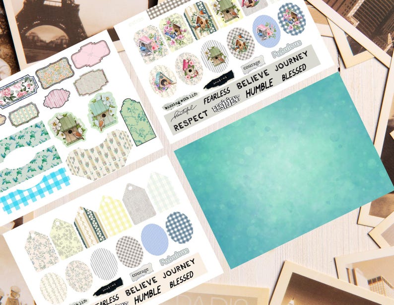 floral Junk Journal Folio Kit Vintage Printable Folder birds Ephemera Digital Download flip through cards scrapbooking turquoise greenery image 4