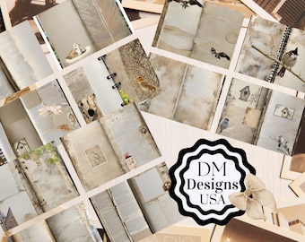 May include: A collage of images featuring vintage-style journals with various bird and nature-themed designs. The journals have a distressed, aged look and feature images of birds, birdhouses, and other natural elements. The collage is framed by a black and white logo that reads "DM Designs USA".