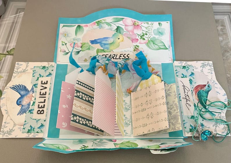 floral Junk Journal Folio Kit Vintage Printable Folder birds Ephemera Digital Download flip through cards scrapbooking turquoise greenery image 1