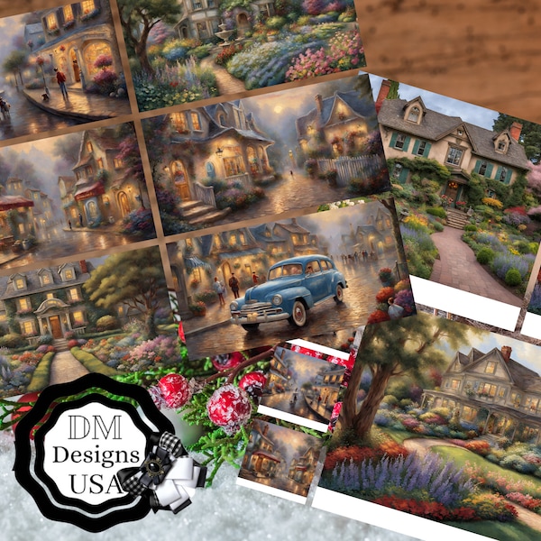 home and garden 8 Pages of Journaling Cards featuring beautiful scenes inspired by Thomas Kinkade Fantasy junk journal 8 pages card scrapboo