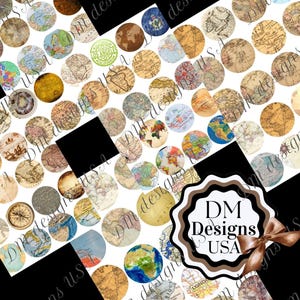 May include: A collection of circular stickers featuring various vintage and modern world maps, globes, and navigational compasses in shades of sepia, blue, green, and gold. A white scalloped label with a brown ribbon displays the text DM Designs USA.
