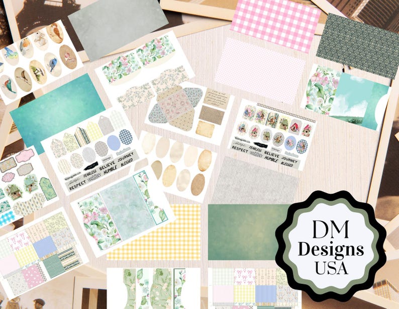 May include: A collection of assorted craft paper sheets and die-cut ephemera featuring floral patterns, gingham checks, stripes, and bird illustrations. The set includes various tags, labels, and text strips with words like RESPECT, FEARLESS, BELIEVE, JOURNEY, HUMBLE, and BLESSED, alongside a logo reading DM Designs USA.