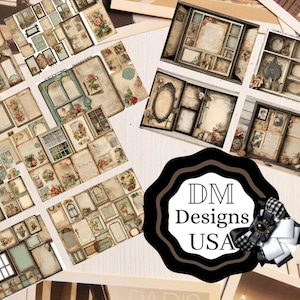 Könnte beinhalten: Eine Sammlung von digitalen Druckpapieren im Vintage-Stil mit verschiedenen Rahmen, Fenstern und floralen Designs. Die Papiere eignen sich perfekt für Scrapbooking, Kartenherstellung und andere Bastelprojekte. Die Papiere sind in Braun-, Creme- und Blautönen gehalten.