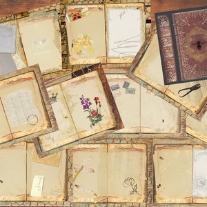 May include: A collection of 12 vintage-style journal pages with distressed edges and a rustic brown background. The pages are decorated with floral illustrations, handwritten text, and other decorative elements.
