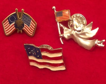 Insignias de pin de bandera americana de esmalte vintage (3 en total)