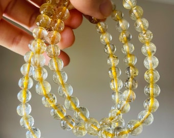 Real Natural Genuine Gemstone Bracelet, Natural Golden Rutilated Quartz bracelet, 6-7mm Golden Rutilated Quartz beads. 7.2inches bracelet