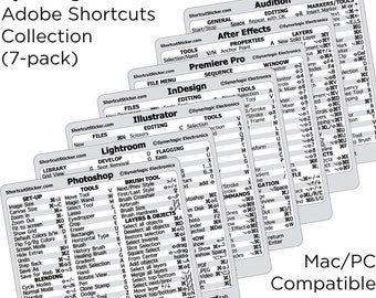 May include: A set of seven laminated vinyl stickers with keyboard shortcuts for Adobe software, including Photoshop, Illustrator, InDesign, Lightroom, Premiere Pro, After Effects, and Audition. The stickers are designed for Mac and PC users and are compatible with both operating systems. The stickers are durable and have a no-residue adhesive.
