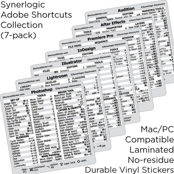 Adobe Collection (7-in-1) Quick Reference Keyboard Guide Shortcut Laminated VINYL Sticker, No-Residue Adhesive, for MacBook or PC