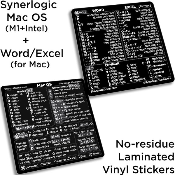 Mac OS (M1/M2/M3+Intel) + Word/Excel - Quick Reference Guide Keyboard Shortcut Stickers, for any Macbook/iMac/Mac Mini, No-residue Vinyl