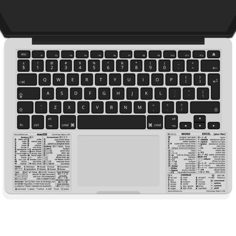 Mac OS / Word + Excel — Tastatur, Autocollant und transparentes Vinyl (auf Französisch), Kompatibel : MacBook/Air/Pro/Mini/iMac Combo/Noir