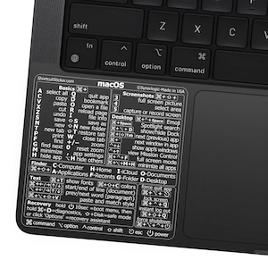 Può includere: Un adesivo nero per l'area del trackpad di un portatile con testo e icone bianche che descrivono le scorciatoie da tastiera di macOS. L'adesivo include sezioni per comandi di base, screenshot, desktop, finder, testo e ripristino per Apple.