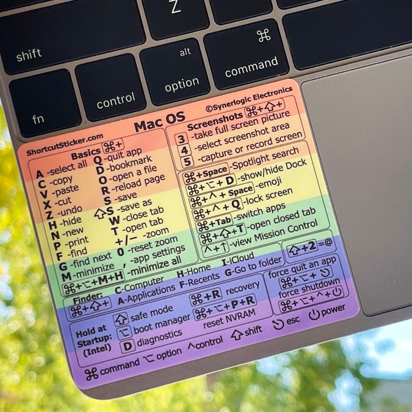 Apple MacBook Pro/Air/iMac SHORTCUTS- durable vinyl sticker Mac OS Reference Guide, size 3.25"x2.8" (For Intel CPU)