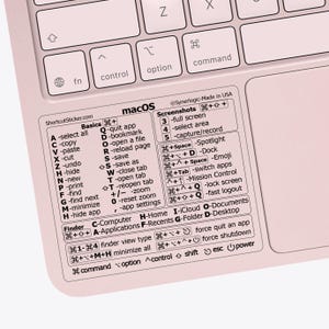 May include: A light pink laptop keyboard featuring a rectangular sticker with black text detailing macOS keyboard shortcuts. The sticker includes sections for basics, screenshots, and finder commands, with clear labels for command, option, control, and shift keys.