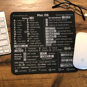 Mac OS Ventura/Monterey/Big Sur/Catalina/Etc Shortcut Reference Guide Mousepad - Black - Laminated Rubber - Size 8&quot;x7.5&quot; by SYNERLOGIC