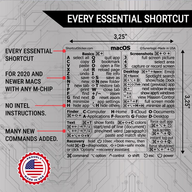 New 2025 Edition Macos Keyboard Shortcuts Laminated Noresidue Vinyl