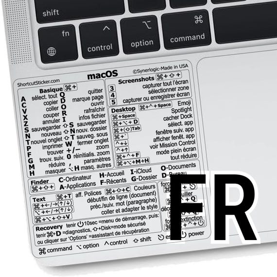 Mac OS / Word + Excel — Raccourcis clavier, autocollant en vinyle transparent (en français), Compatible : MacBook/Air/Pro/Mini/iMac