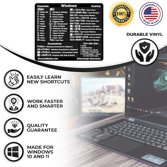 Sans Résidu Autocollants Raccourcis Clavier SYNERLOGIC - Windows Word/ Excel - Vinyle Laminé Transparent/Noir - Pour PC Vinyle Autocollant