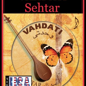 May include: An image featuring a Sehtar, a long-necked, stringed instrument, with a butterfly and the text "VAHDATI Sehtar". The background is a textured, tan color with a USA seller logo.