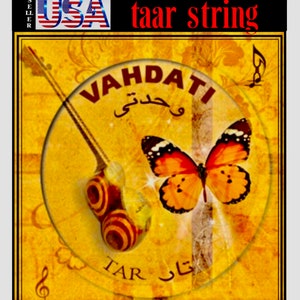 May include: A yellow background features a butterfly and a stringed instrument illustration. The text "taar string" is in red. The word "VAHDATI" is in a circle, with text in a foreign language. The USA flag is in the upper left corner.