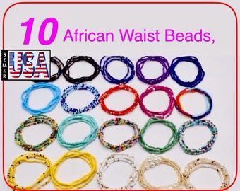 10, African Waist Beads , RANDOM, belly hip, wrist, ankle chains , stretchy , fit all size, unisex for all ages.