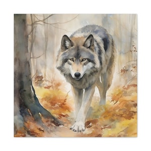 May include: A watercolor painting of a gray wolf walking through a forest. The wolf is looking directly at the viewer with a serious expression. The forest is filled with fallen leaves in shades of brown and yellow.