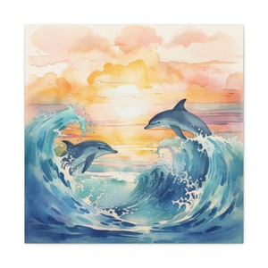 Oceanic Serenity Dolphin Canvas Gallery Wrap Watercolor Painting