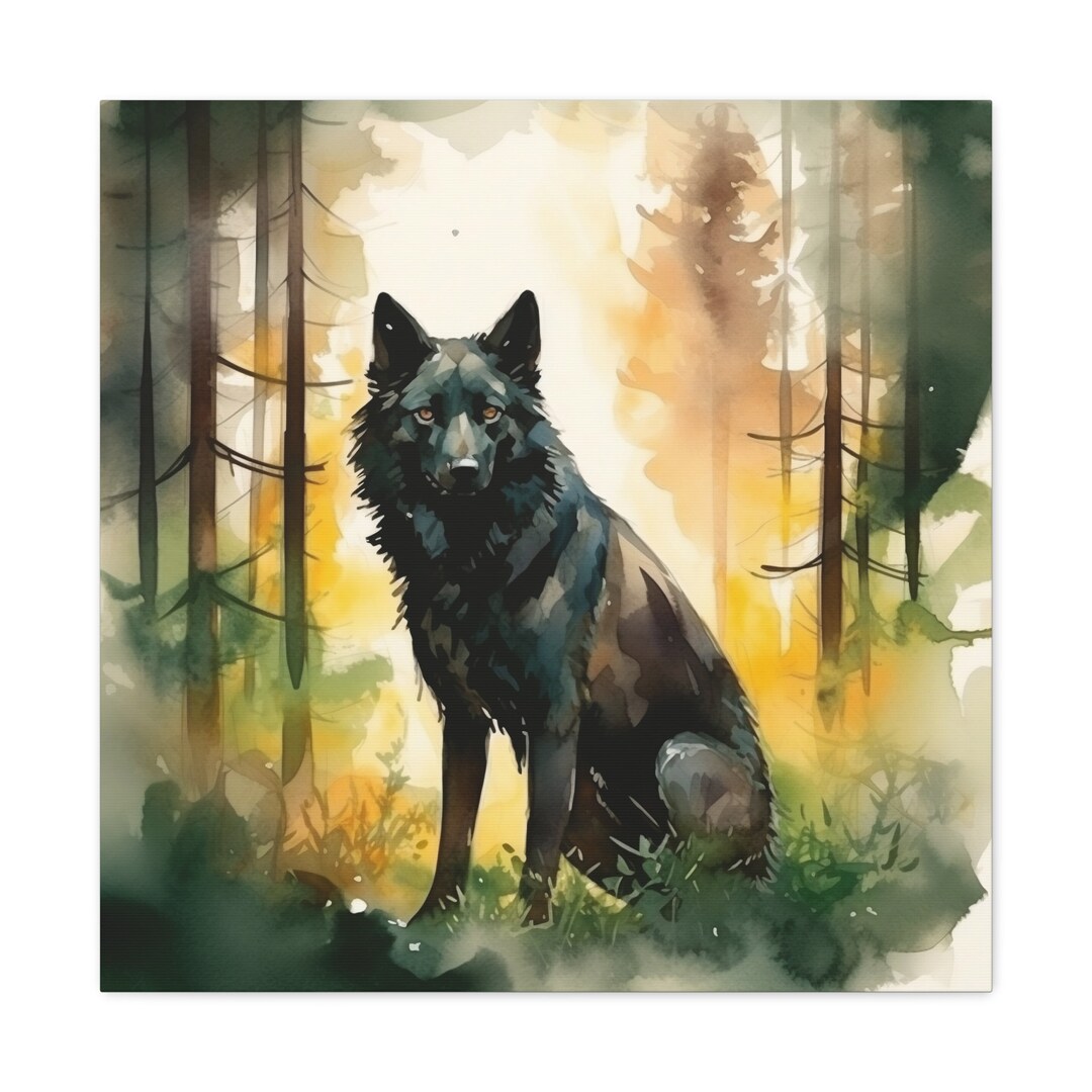 Golden Shadow Black Wolf Canvas Gallery Wrap Watercolor Painting. Etsy