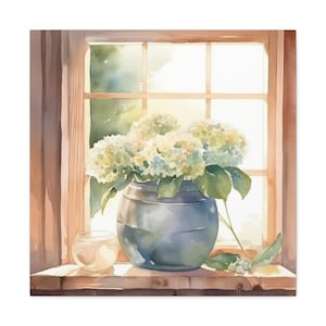 May include: A watercolour painting of a bouquet of white hydrangeas in a blue ceramic vase on a windowsill. The window is open and sunlight is streaming in.