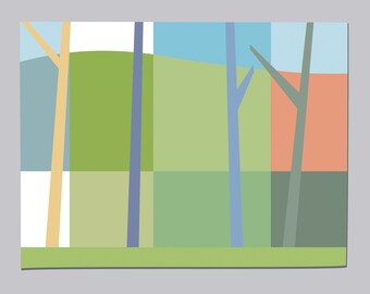 Juego de tarjetas de notas con paisaje abstracto / Lámina artística de árboles y montañas