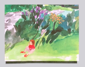 Set de tarjetas de notas de jardín en acuarela / Niña con flores, papelería en blanco