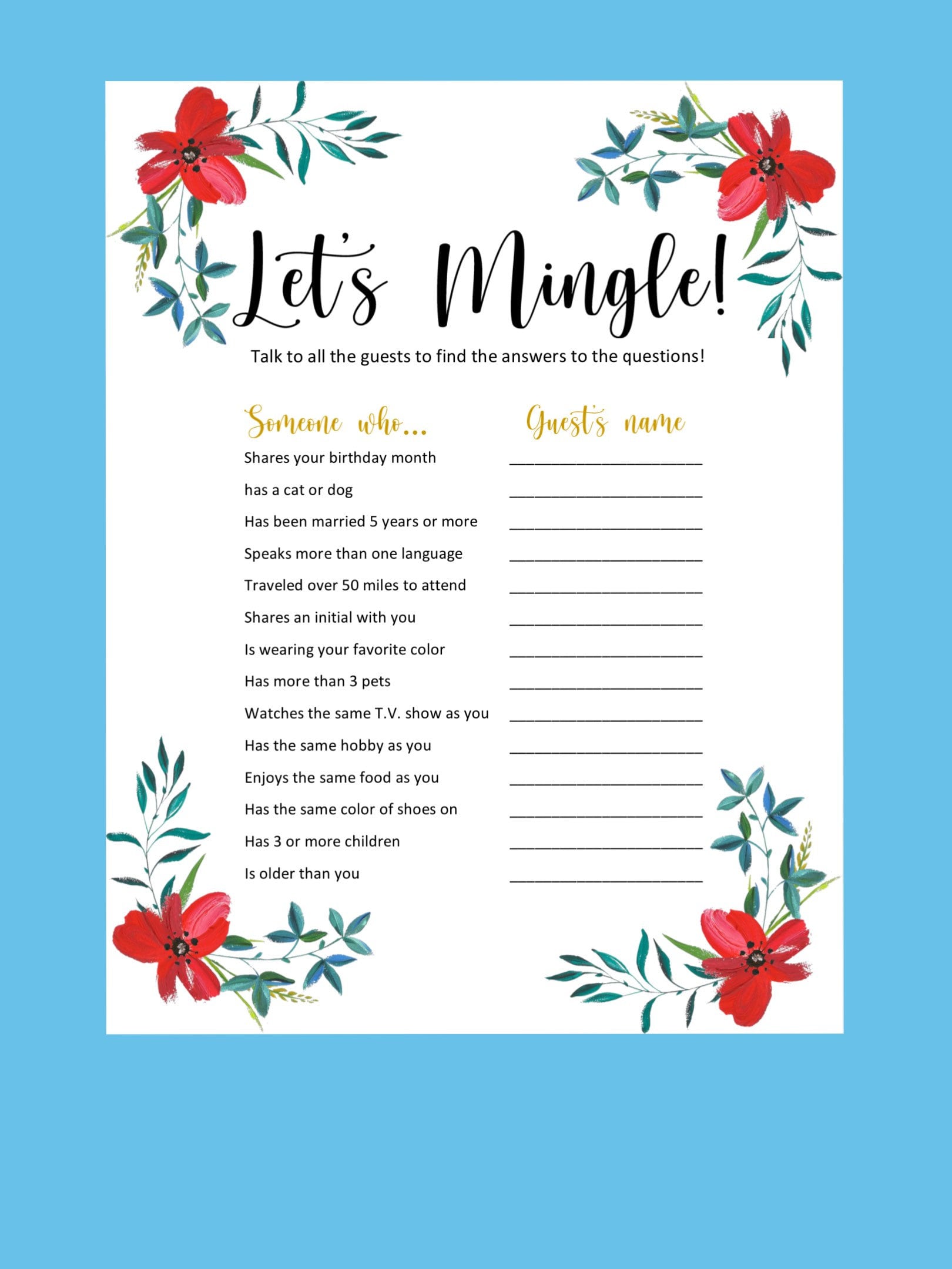 Lets Mingle Bridal Shower Games Wedding Shower Games Etsy