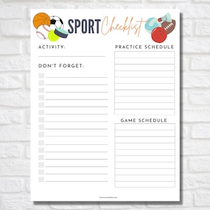 Sport Checklist for Kids, Athletic Checklist for Kids, Printable Checklist for Kids, Teenager Checklist, Gender Neutral Checklist, Sports