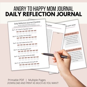 May include: Printable journal pages for moms with a checklist titled "Daily Reflection Journal Checklist" and sections titled "Tracker", "Journal for Transformation", and "Stop Worrying About the Future".