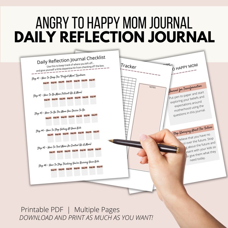 May include: Printable journal pages for moms with a checklist titled "Daily Reflection Journal Checklist" and sections titled "Tracker", "Journal for Transformation", and "Stop Worrying About the Future".
