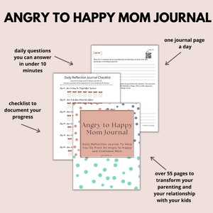 May include: A journal cover with a teal and pink polka dot pattern. The title is "Angry to Happy Mom Journal". The text below the title says "Daily Reflection Journal To Help You Go From An Angry to Happy and Confident Mom".