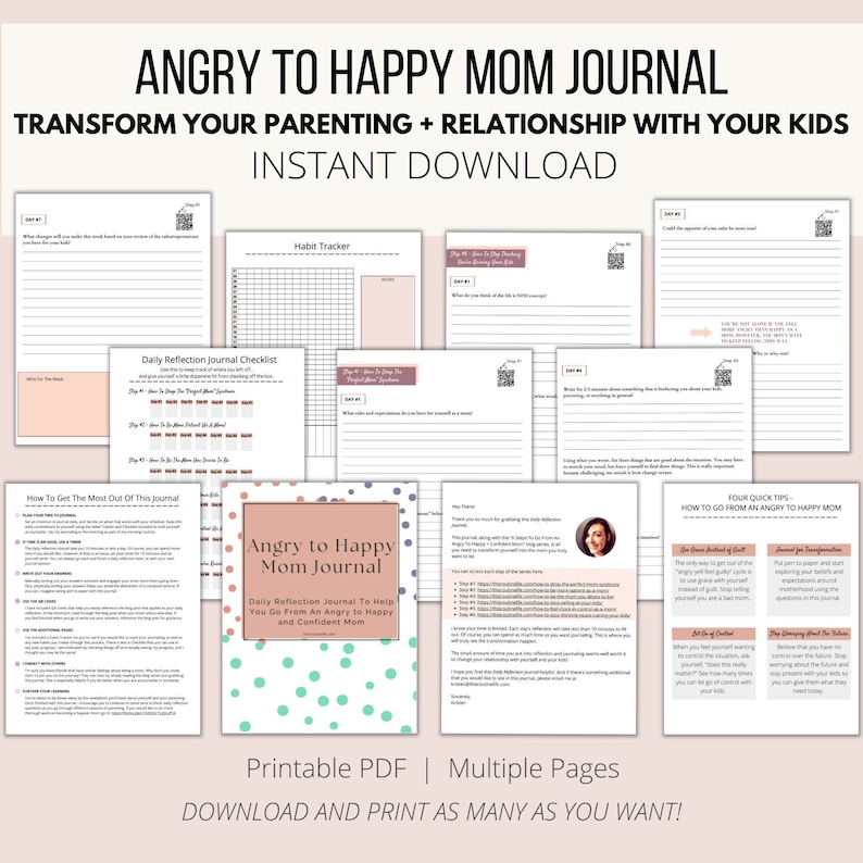 May include: A printable PDF journal titled "Angry to Happy Mom Journal" with a teal and white polka dot background. The journal is designed to help mothers go from angry to happy and confident. The journal includes a checklist, habit tracker, and tips for going from angry to happy. The text "Printable PDF | Multiple Pages" and "Download and print as many as you want!" is at the bottom of the page.