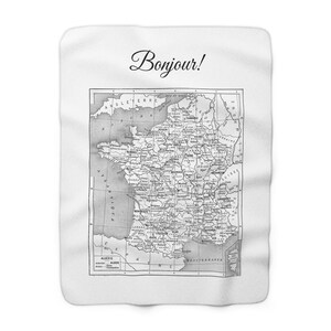 Couverture vintage en polaire Sherpa Carte de France Bonjour - Décoration d'intérieur confortable, cadeau pour les voyageurs, parfait pour les amoureux de la France