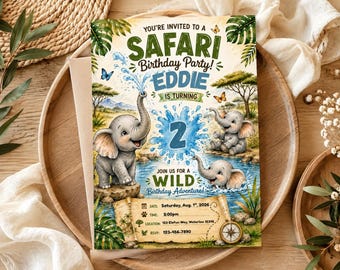 Könnte beinhalten: Eine Einladung zur Geburtstagsparty im Safari-Thema mit drei illustrierten Elefanten, tropischen Blättern und Schmetterlingen. Der Text lautet: You're invited to a Safari Birthday Party! Eddie is turning 2. Join us for a Wild Birthday Adventure! Enthält Felder für Datum, Uhrzeit, Ort und RSVP auf einer Schriftrollen-Grafik.