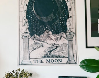 Mond Tarot Karte Wandteppich, okkulte Wandkunst, witchy Geschenk, witchy ästhetische mystische Wand-Dekor, Astrologie Wohnheim Wandbehang, Tarot Kunstdruck