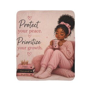 Sherpa Decke - "Protect Your Peace, Prioritize Your Groove" Kuscheliger rosa Affirmations-Überwurf."