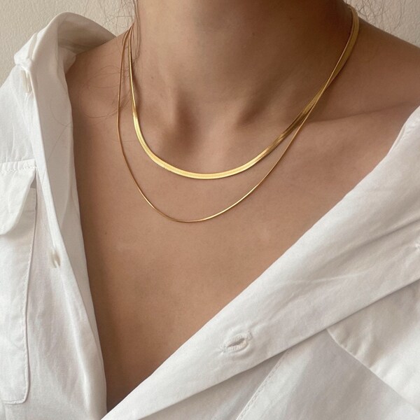 Double Herringbone Chain Necklace, Minimalist Jewelry,Stacking Necklace, Gold Snake Chain Necklace, Gold Filled Necklace, Layering Necklace